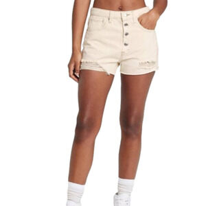 DISTRESSED Coastal Cowgirl Button Fly Raw Hem Rigid Denim Shorts Cream Size 12